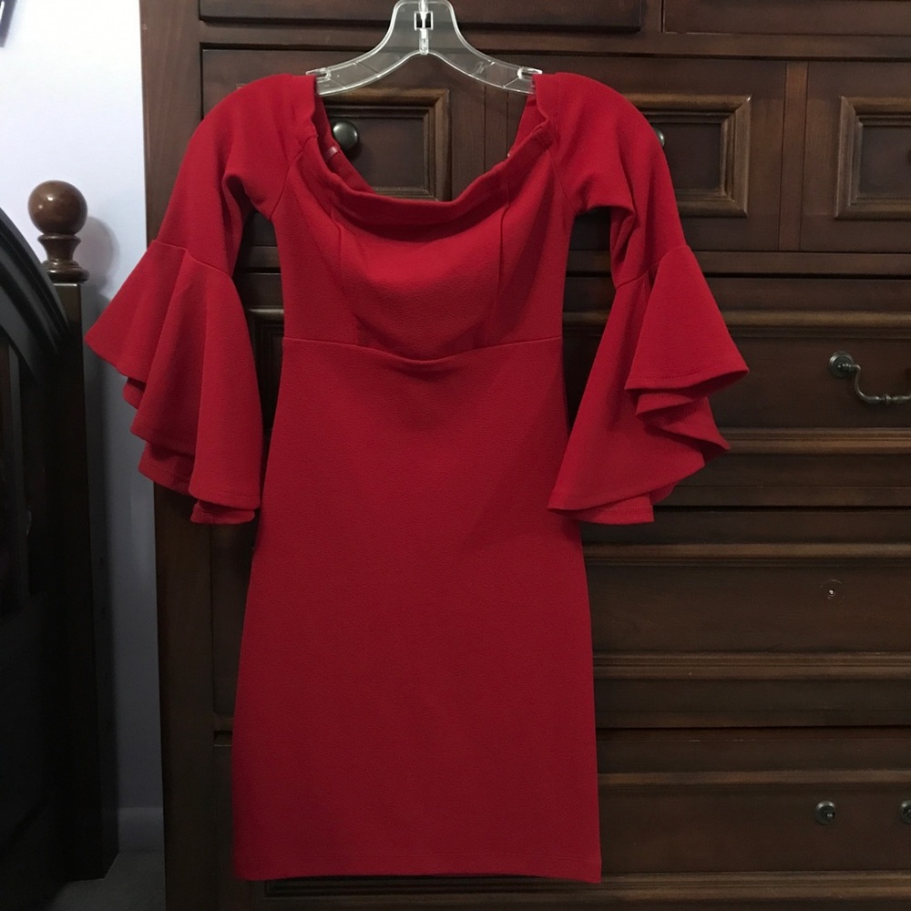 Red off the shoulder ruffle sleeve dress